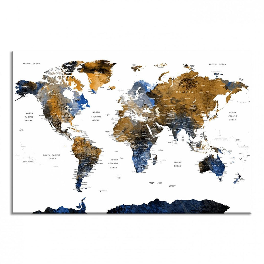 Modern Blue and Brown World Map Canvas Wall Art – Triptych Map Print – Global Decor for Living Room or Office – Ready to Hang
