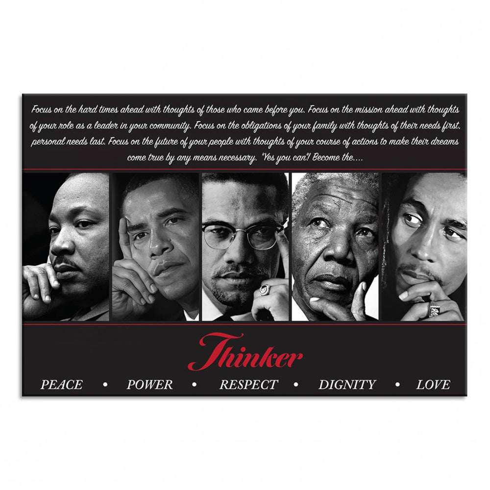 The Thinker Quintet Canvas Wall Art features portraits of Martin, Obama, Malcolm X, Mandela, and Marley, each representing virtues such as Peace and Power.