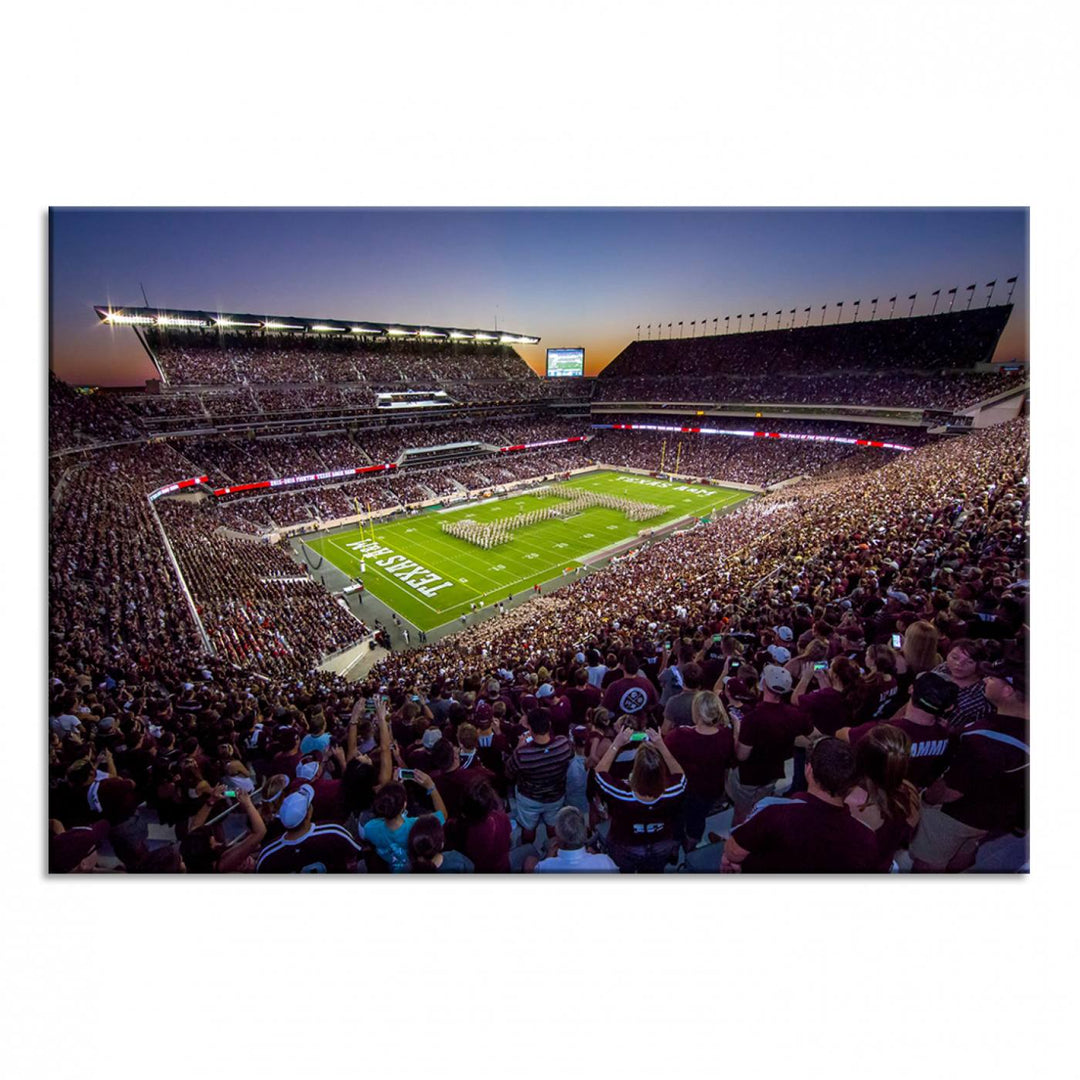 A vibrant canvas print of Texas A&M Aggies at College Stations Kyle Field Stadium captures the energy of fans cheering as the band marches at sunset.