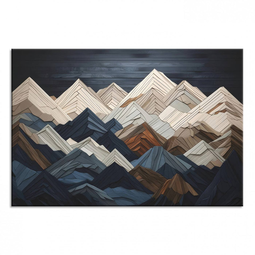 Abstract wood mountain range wall art in a 3-piece set featuring shades of blue, brown, and cream, ideal for modern rustic decor.