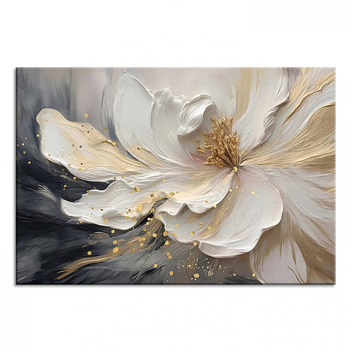 Elegant White and Gold Floral Triptych Canvas Art, a modern textured flower painting for home or office decor, features a blurred gray background.