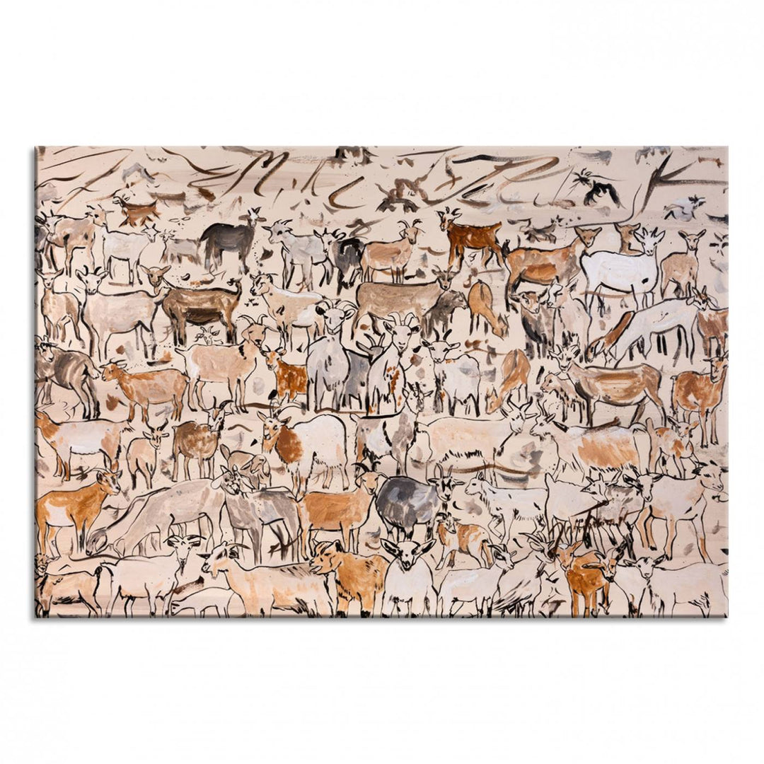 Framed Goat Herd Wall Art in minimal brush strokes on a beige backdrop, ideal for farmhouse or cabin decor.