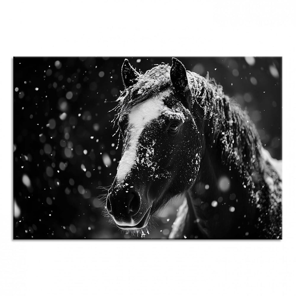 The Winter Horse Wall Art showcases a gentle horse print with snowflakes, ideal for rustic farmhouse or cabin decor.