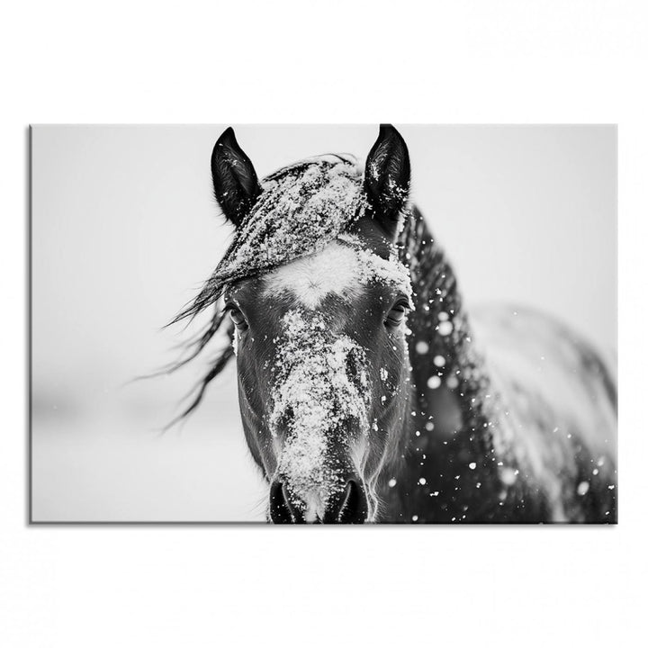 This black and white winter horse wall art enhances any decor; it is ready to hang and framed for a farmhouse or Western style.