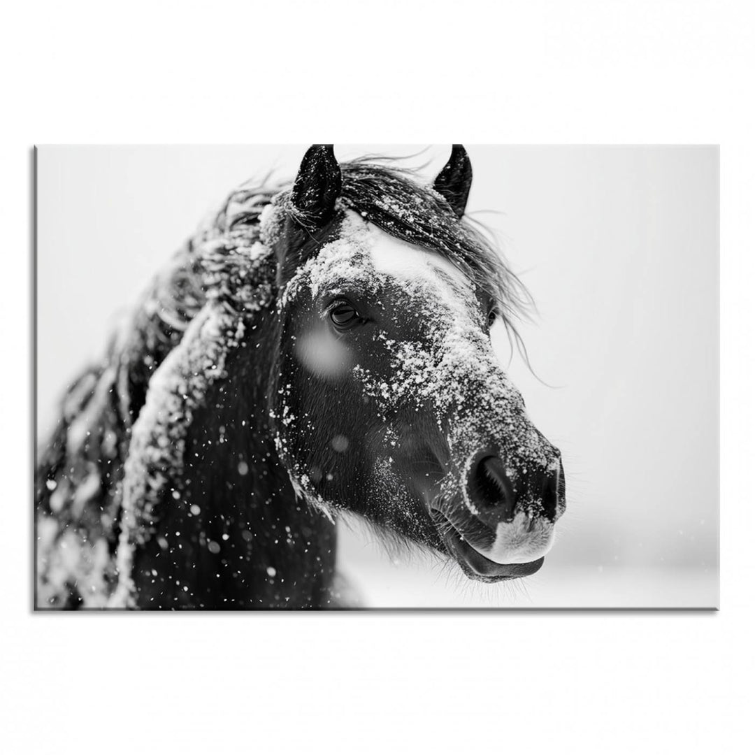 A large 3-panel rustic farmhouse wall art showcases a black and white winter horse canvas print against a snowy backdrop.