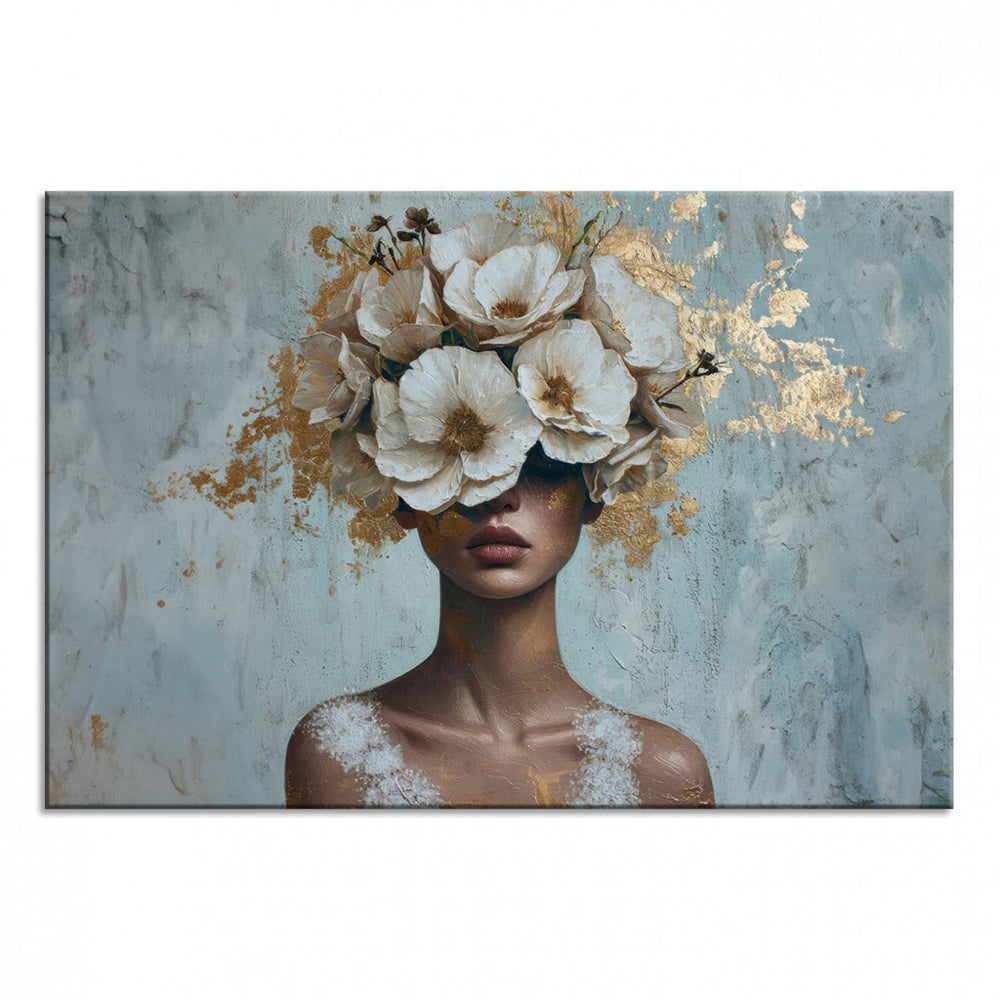 Golden Petal Wall Art: A womans face adorned with a gold floral design on a teal background, presented in a 3-panel modern glam canvas.