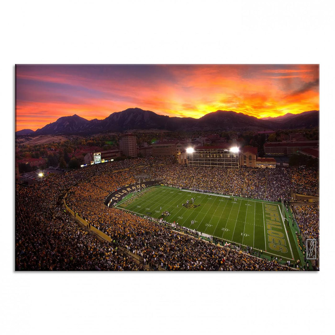 A vibrant mountain sunset at Folsom Field, home of the University of Colorado Football team, is captured in this stunning wall art canvas print.