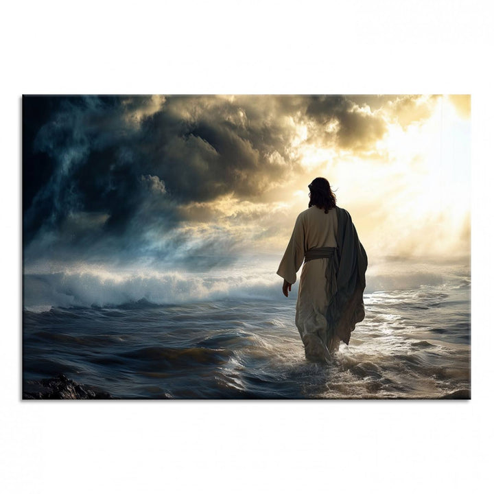 A dramatic sky serves as the backdrop for the Jesus Walking on Water wall art, a perfect piece for Christian home decor.