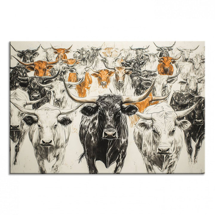 Texas Longhorn Wall Art canvas features cattle artwork with an abstract design, perfect for farmhouse decor on a porch.