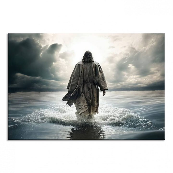 A canvas wall art depicting a figure walking on water beneath dramatic clouds, designed as inspirational religious imagery and ready to hang.