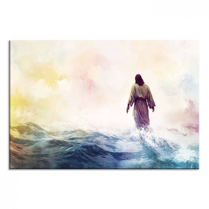 A robed figure strides on water in gentle waves, evoking the Watercolor Jesus Walking on Water canvas art.