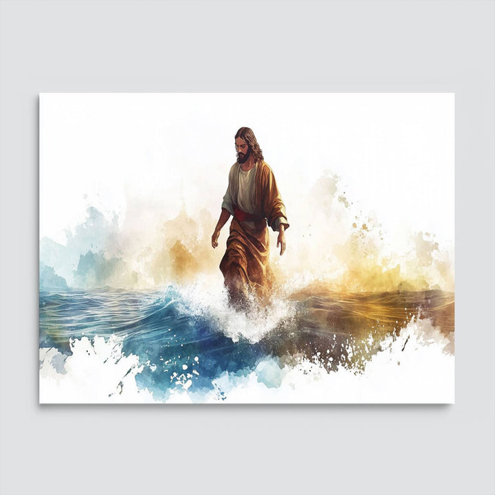 This watercolor canvas print depicts Jesus walking, characterized by abstract splashes against a serene background. It serves as a beautiful piece of Christian wall art.