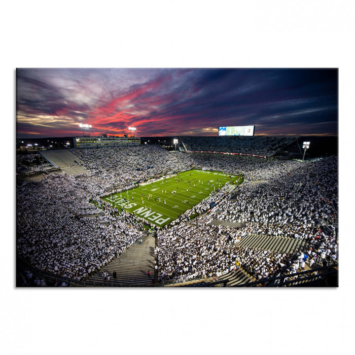 A sunset print on a canvas wall art piece captures the scene of white-clad fans at Beaver Stadium for the Nittany Lions game.