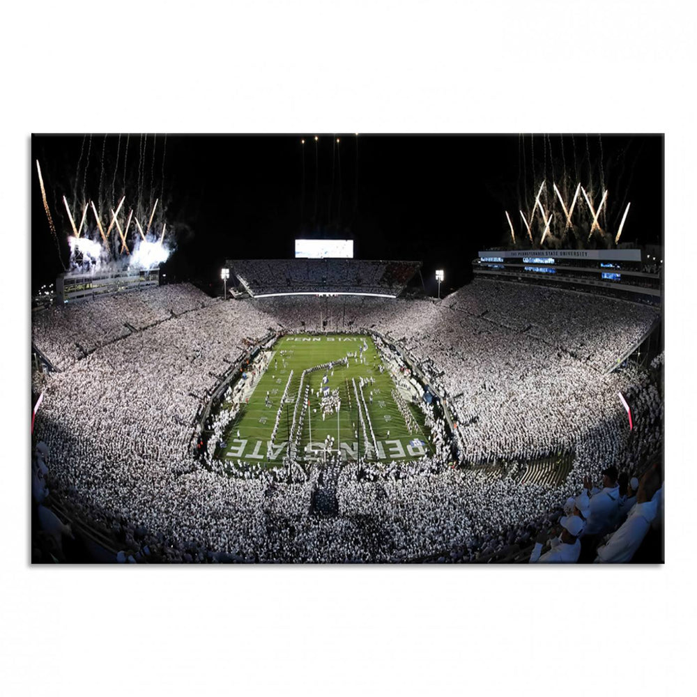 Wide-angle print of a packed stadium with fireworks, ideal gallery-quality wall art - Penn State Nittany Lions Canvas.