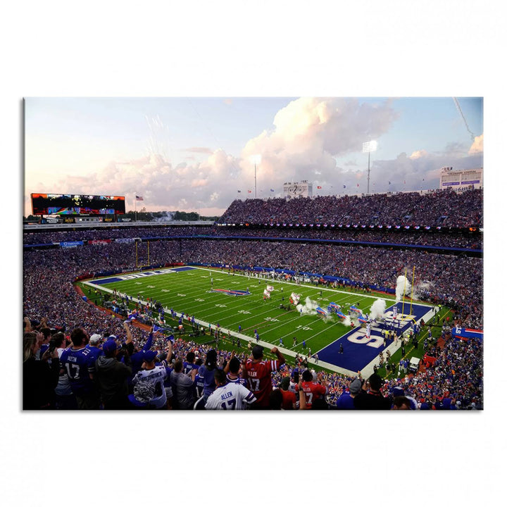 A mural of the Buffalo Bills energizes the atmosphere, capturing the excitement of a game day at Highmark Stadium, even under a cloudy sky.