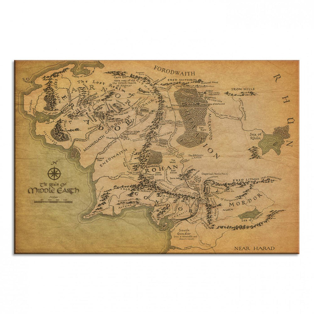 Vintage J.R.R. Tolkien Middle-Earth Map 3 Panel Canvas, perfect as wall art for home or office decor.