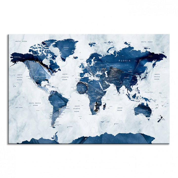 Navy Blue World Map with Antarctica Canvas: A perfect abstract home decor piece featuring a grunge-stained background.