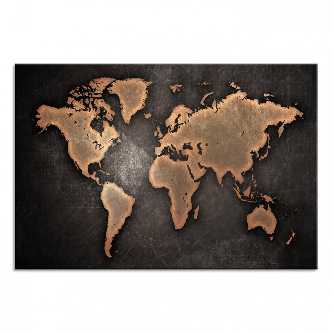 Maroon World Map Wall Art: Copper continents on a grunge-stained canvas, ideal for enhancing your decor.