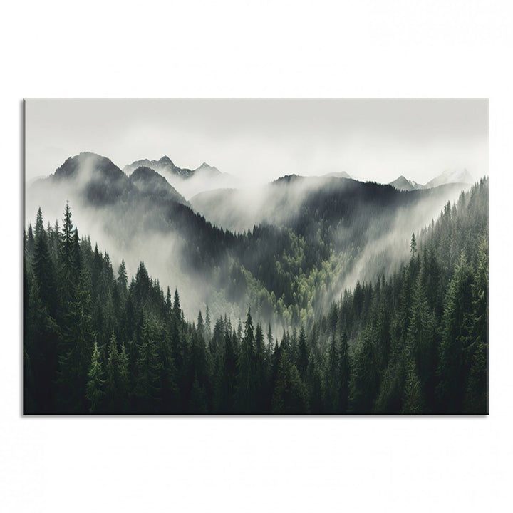 The Misty Forest Canvas Print Wall Art captures a serene misty forest scene with fog and mountains.