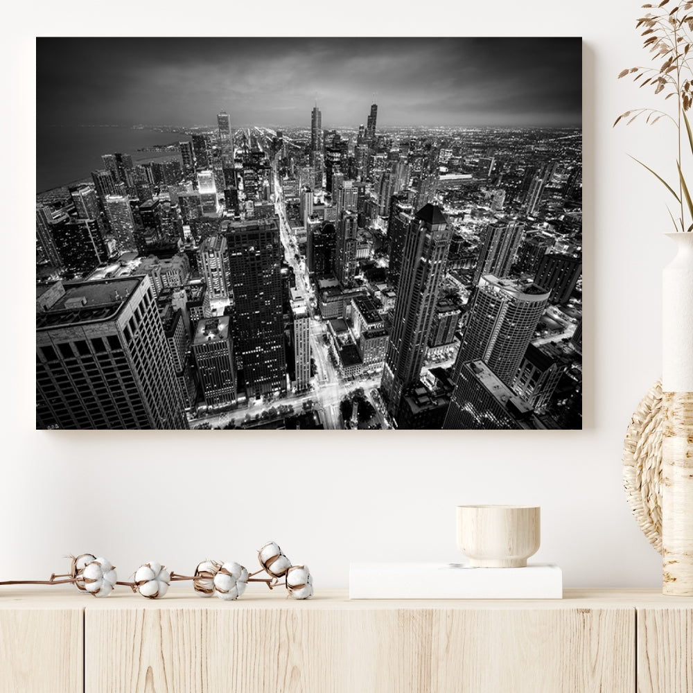 A Chicago Wall Art Canvas Print, specifically the Chicago City Night Canvas Print, is displayed in handcrafted frames.