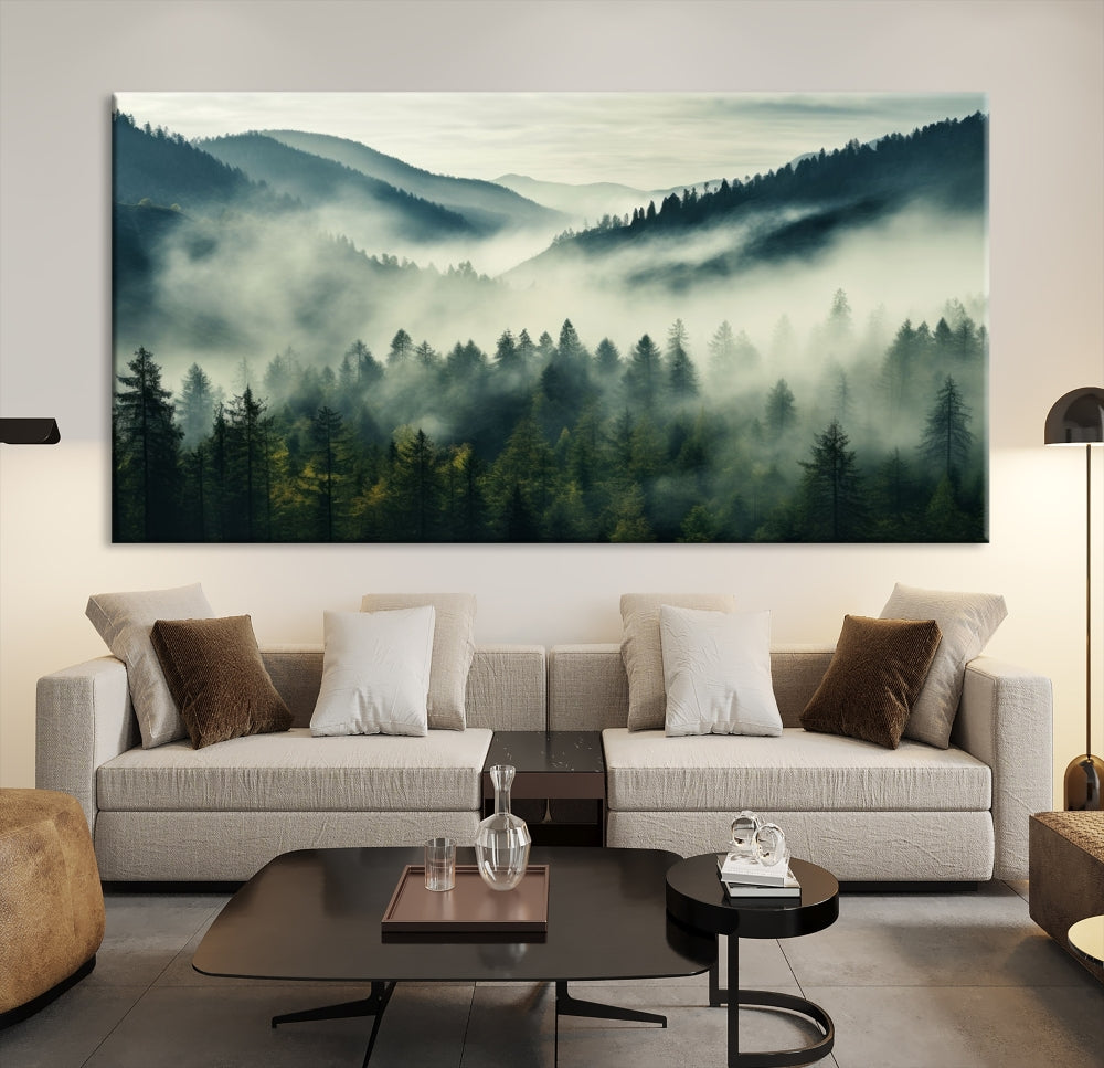 Captivant Misty Forest Wall Art Premium Impression sur toile une atmosphère brumeuse et sereine