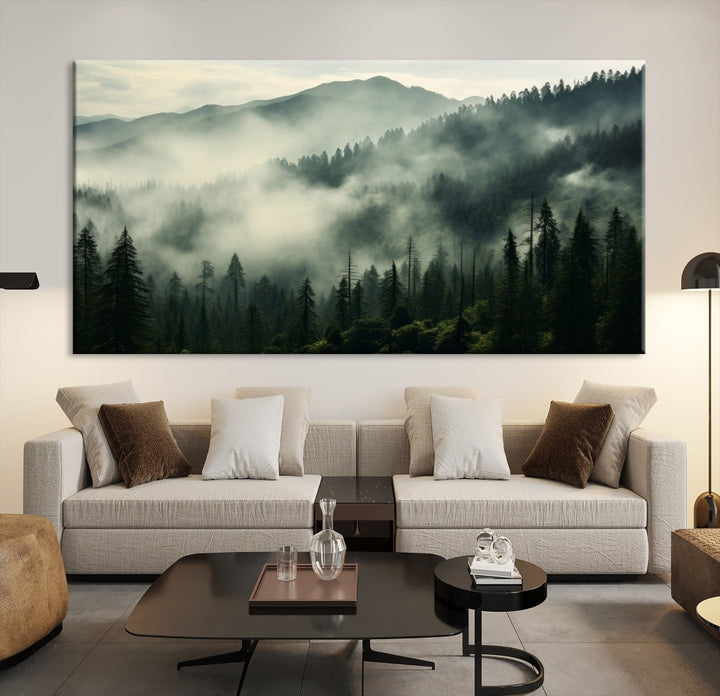 Captivant Misty Forest Wall Art Premium Impression sur toile une atmosphère brumeuse et sereine