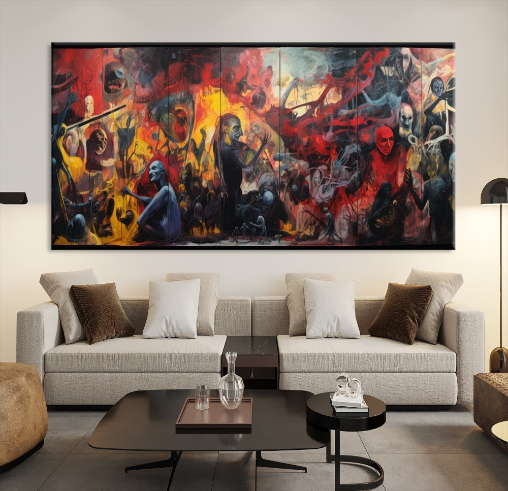 A vibrant Abstract Graffiti Wall Art triptych made of premium canvas, handmade in the USA, adorns the living room.