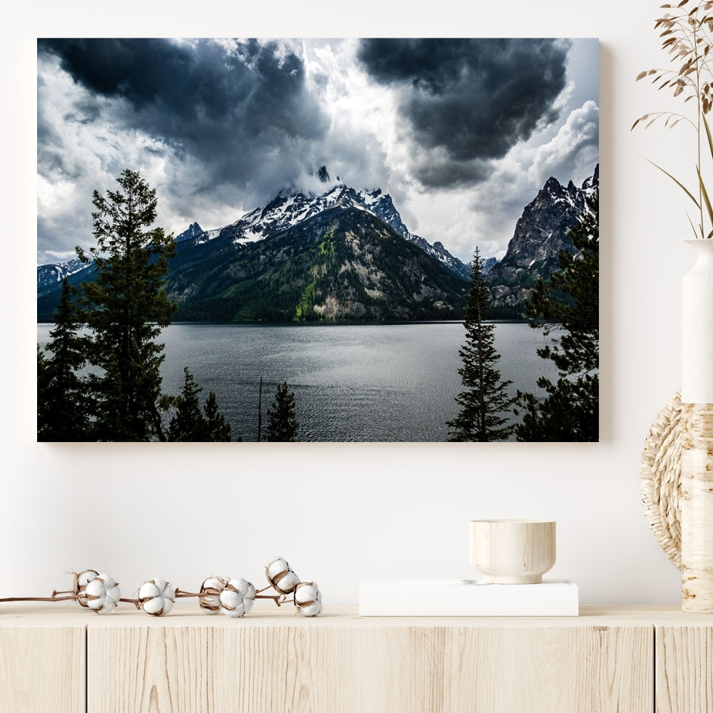 Grand Teton National Park Canvas Wall Art – Majestic Mountain Landscape Under Dramatic Clouds - Ready to Hang