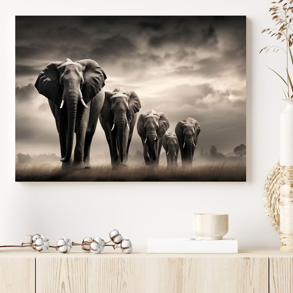 A modern living room features the "Elephants Wall Art Canvas Print," a triptych on museum-quality canvases with a UV-protective coating.