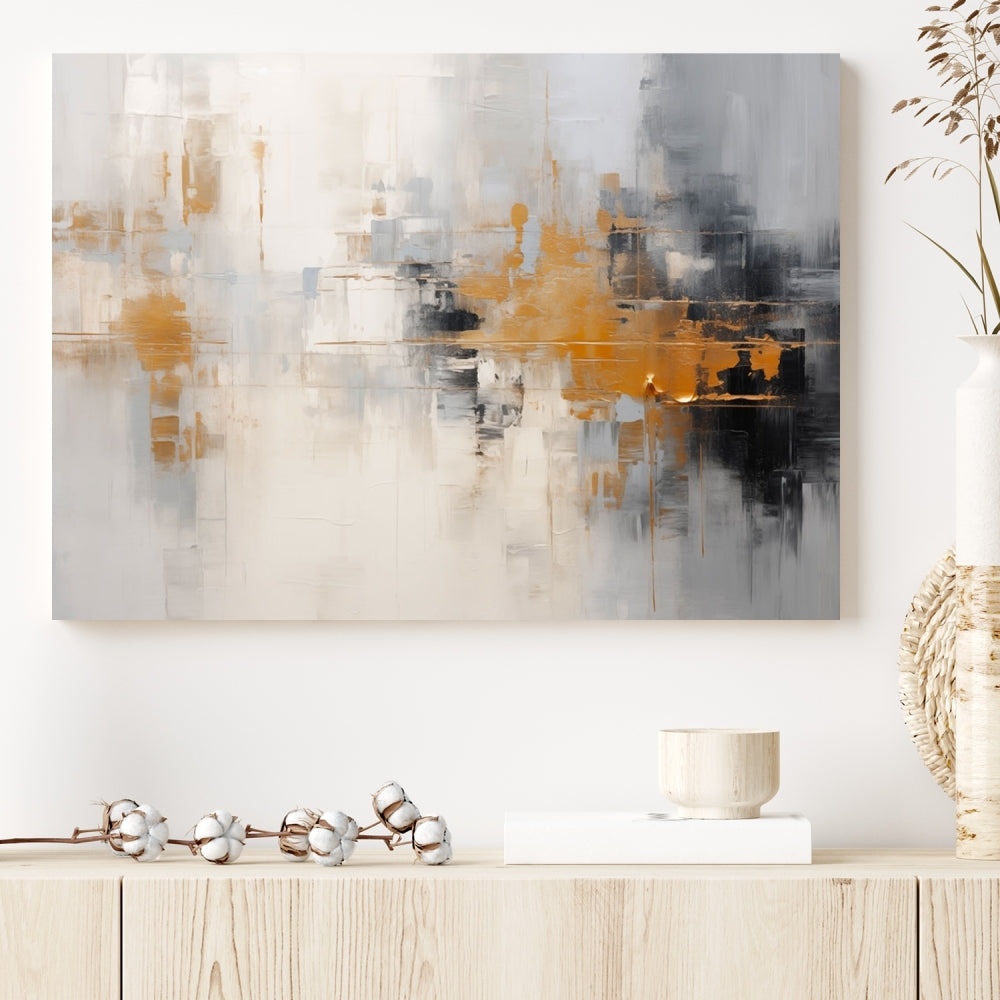 The Orange Pastel Abstract Wall Art Canvas Print, featuring a triptych of orange, white, and black hues, is elegantly displayed on museum-quality canvas.