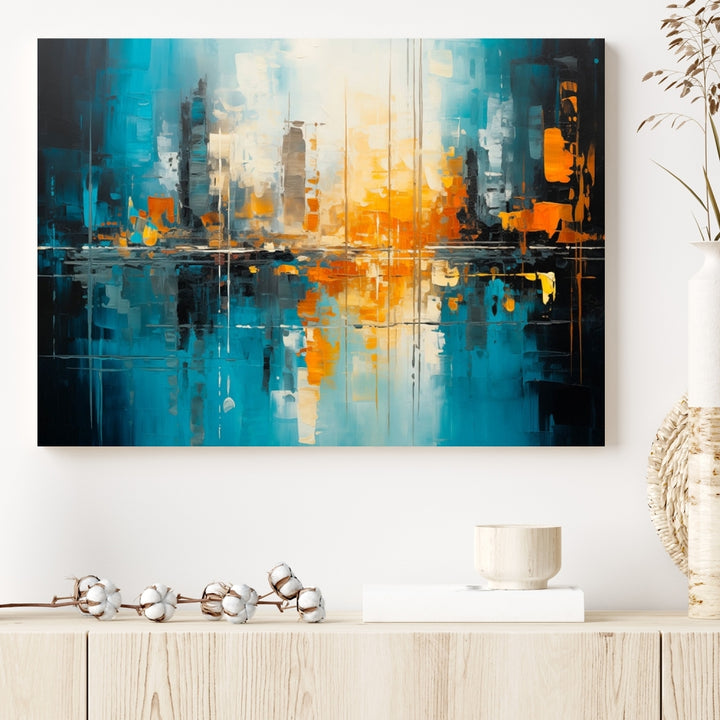 The Large Modern Abstract Wall Art Canvas Print, gallery wrapped on museum-quality canvas, enhances the modern living room setting.