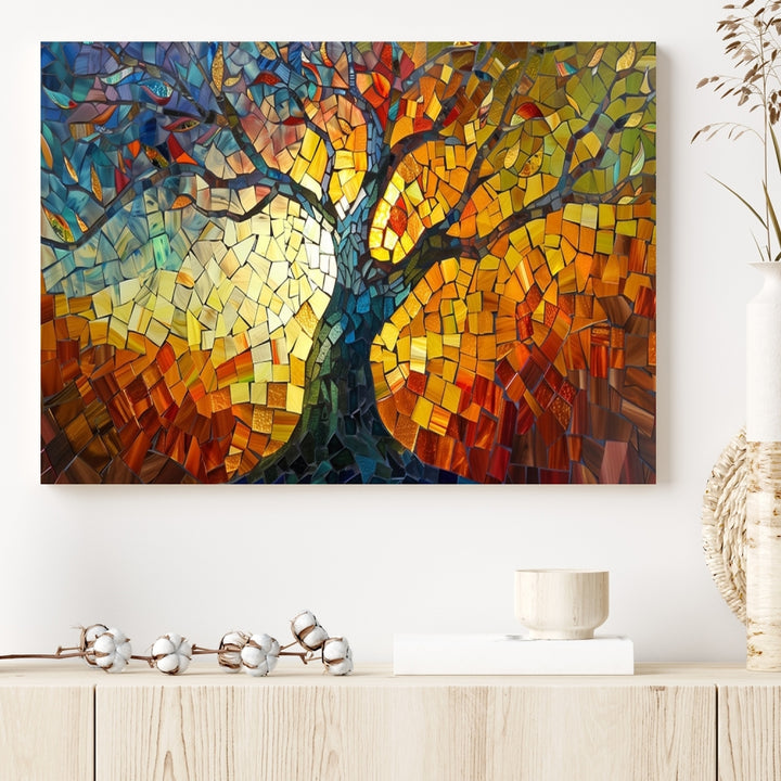 The dining area features the Mosaic Tree Canvas Wall Art, showcasing a vibrant stained glass-inspired Tree of Life called Yggdrasil with colorful leaves.