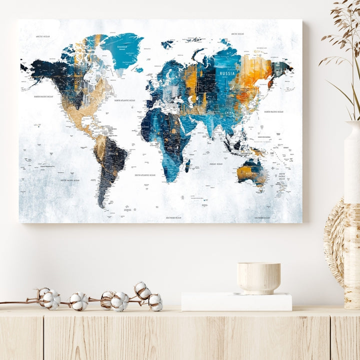 The World Map Turquoise Orange Wall Art Canvas Print, a triptych crafted on museum-quality canvases, adds aesthetic appeal and durability to the space.