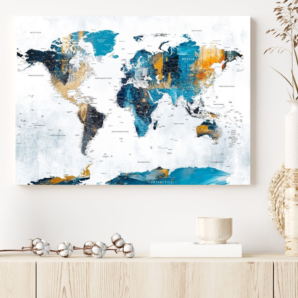 The "Turquoise Orange World Map Canvas Wall Art" showcases striking blue and orange tones. This museum-quality canvas features a UV-protective coating for enhanced durability and vibrant color retention.