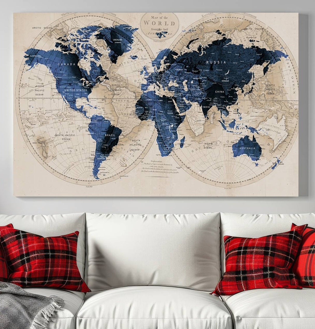 Vintage Triptych Map Print - Antique World Map Canvas Wall Art – Vintage Triptych Blue and Beige Map Print