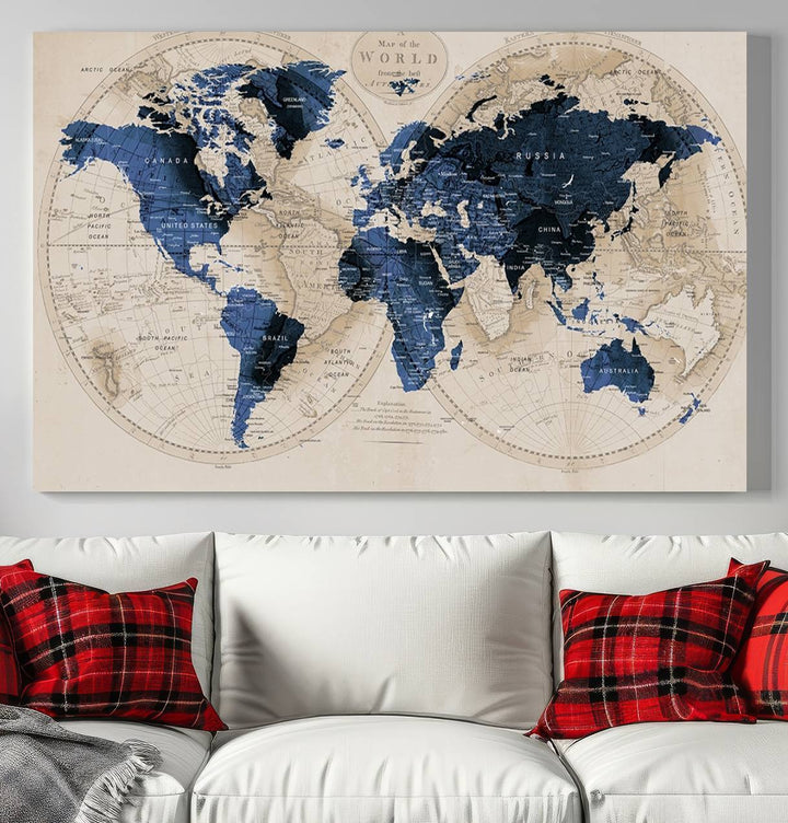 Vintage Triptych Map Print - Antique World Map Canvas Wall Art – Vintage Triptych Blue and Beige Map Print