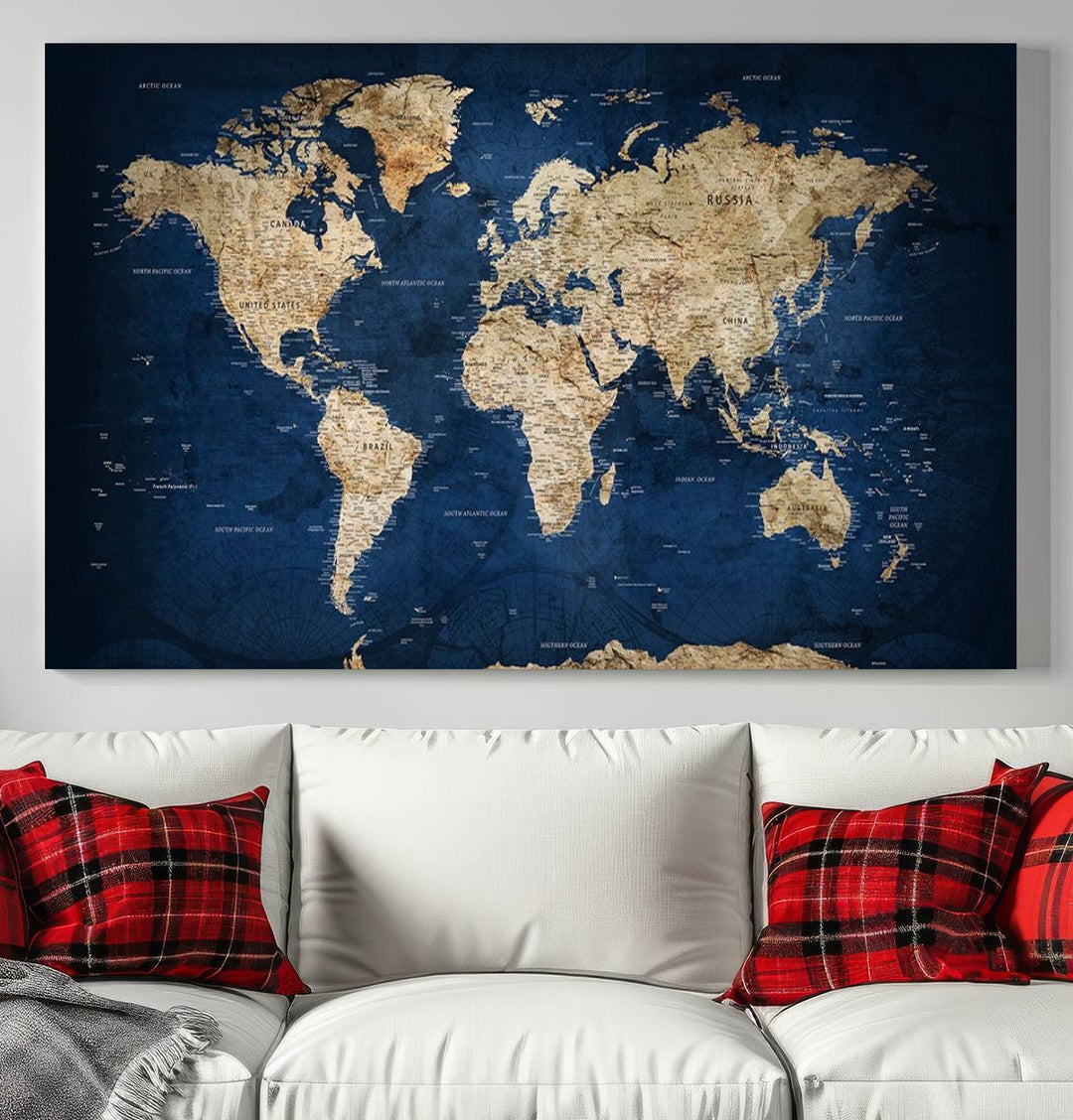 Classic Vintage Blue World Map Canvas Print featuring beige continents against a deep blue background.