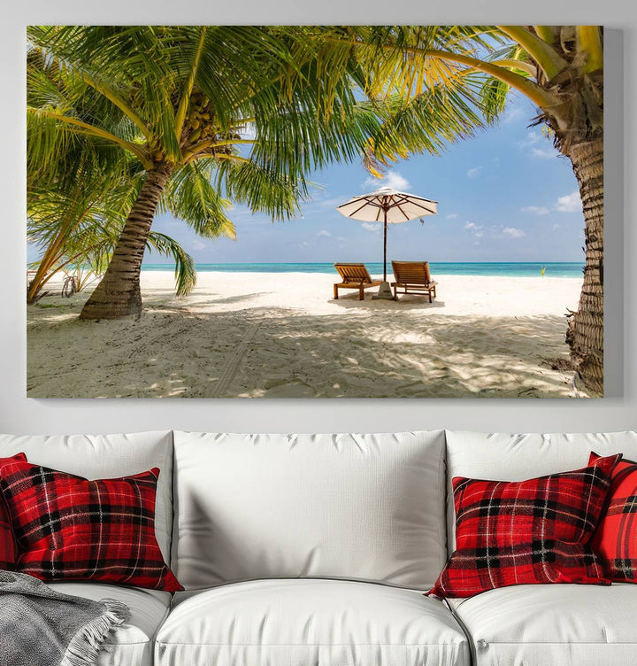 The canvas art print titled Lounge Chairs Palm Trees on Tropical Beach offers free shipping.