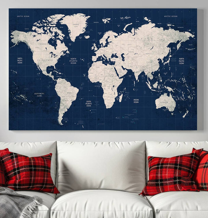 Large modern world map wall art canvas print in beige and navy; showcases a 3-panel vintage map design and is ready to hang.