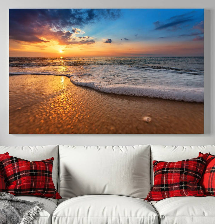 The Golden Sunset Beach Waves Triptych adds a modern coastal touch with its stunning seascape.