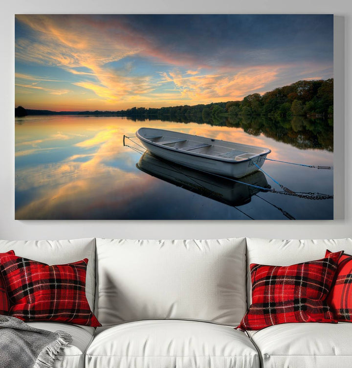 Serene Rowboat on Calm Lake Triptych Canvas Art, Giclee Wall Art of Peaceful Sunset Reflections, Tranquil Landscape Wall Art for Home or Office