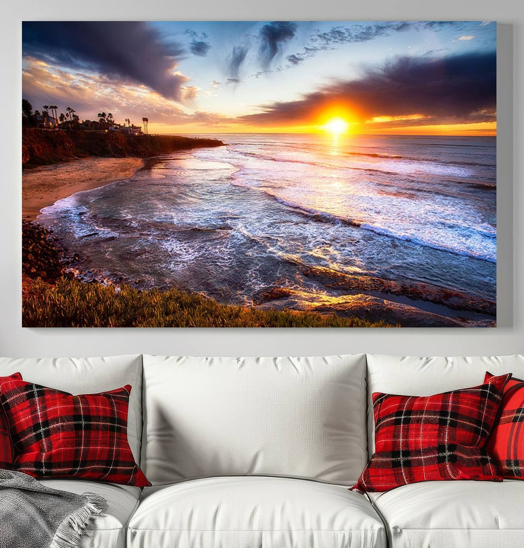 California Coastline Sunset Canvas Art, Ocean Waves Crashing on Cliffs, Giclee Canvas Print for Beach House Decor