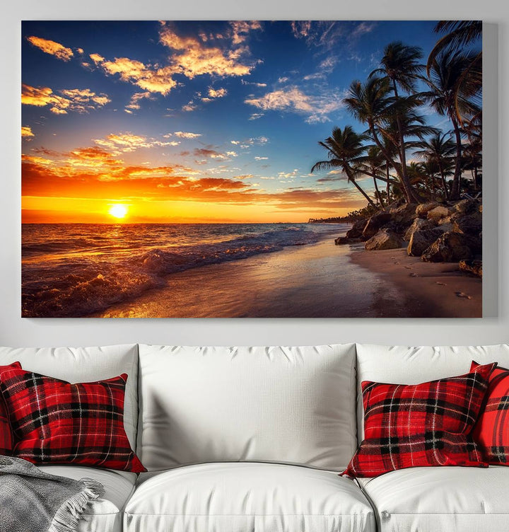 Tropical Beach Sunset Canvas Art, Palm Trees and Ocean Waves Wall Art, Giclee Print for Coastal Home Decor