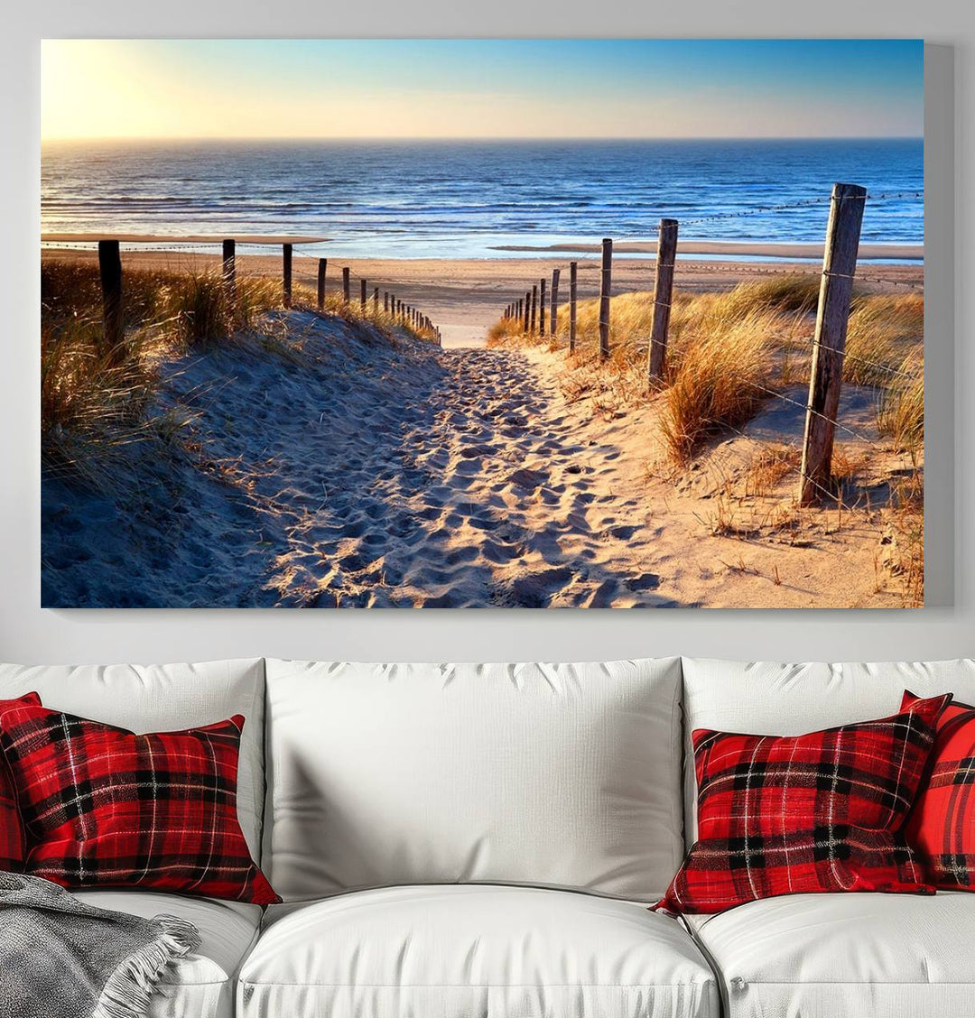 Tropical Beach Sunset Canvas Art, Ocean Waves and Sandy Shoreline Wall Art, Large Beach Decor for Coastal Homes