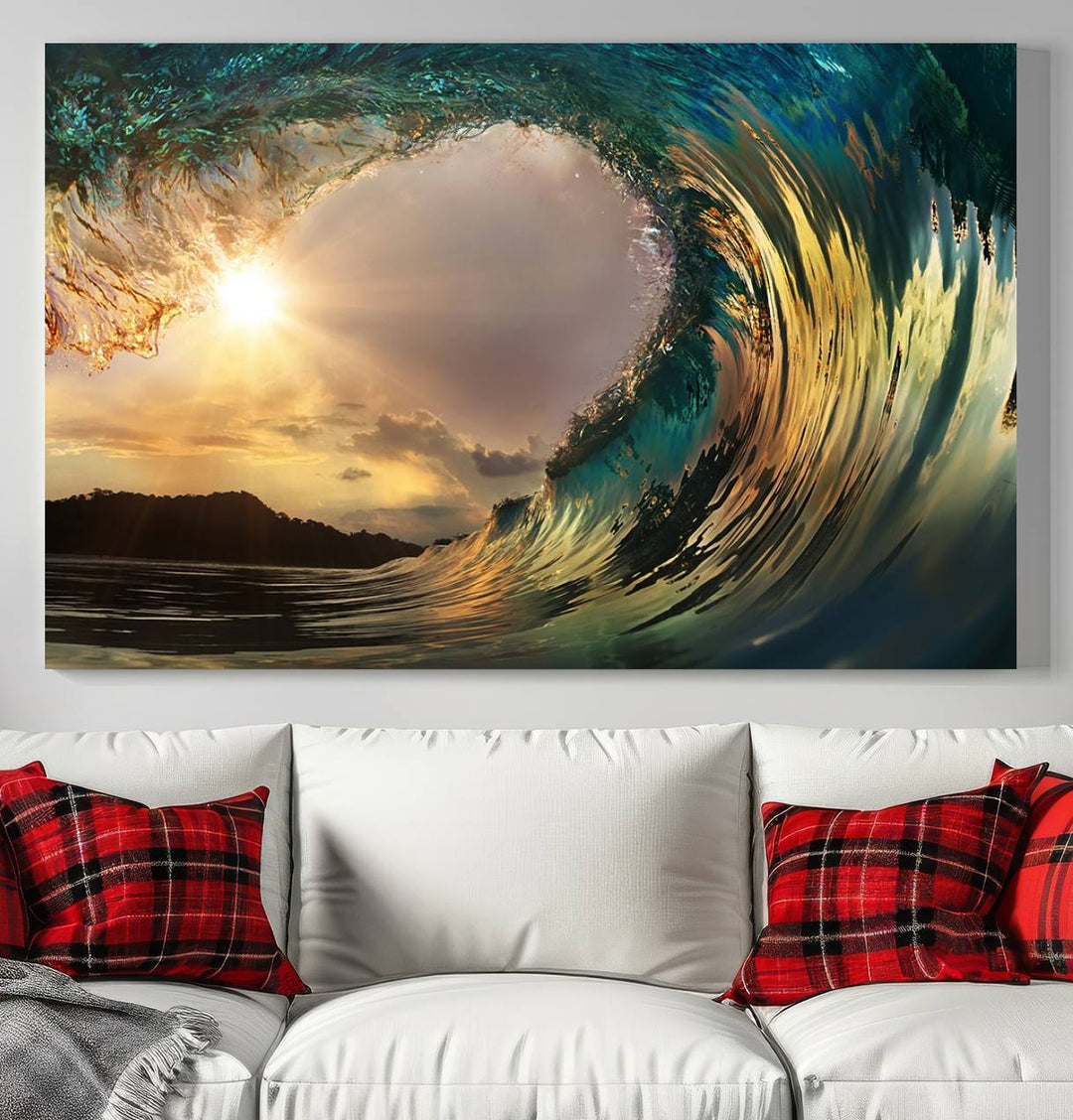 Surfing Big Wave on Ocean Canvas Wall Art Beach Canvas Sunset Artwork Print para sala de estar, decoración de la oficina en el hogar, arte de la pared de la playa, arte de la pared del mar