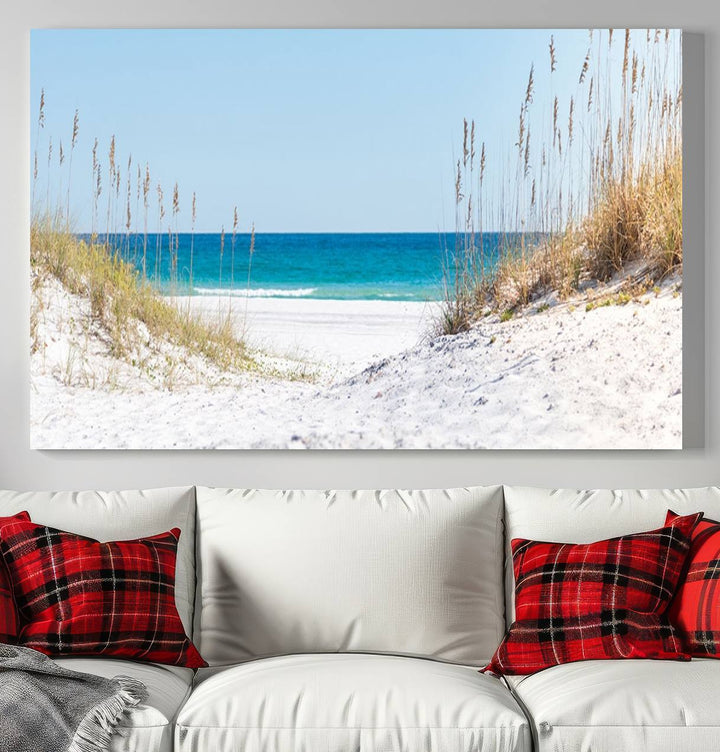 Serene Coastal Dune Path with Ocean View, 3-Panel Beach Canvas Art; tranquil seascape for coastal decor.