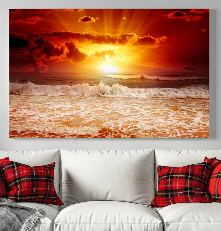 The Red Sunset Ocean Beach Canvas depicts ocean waves.