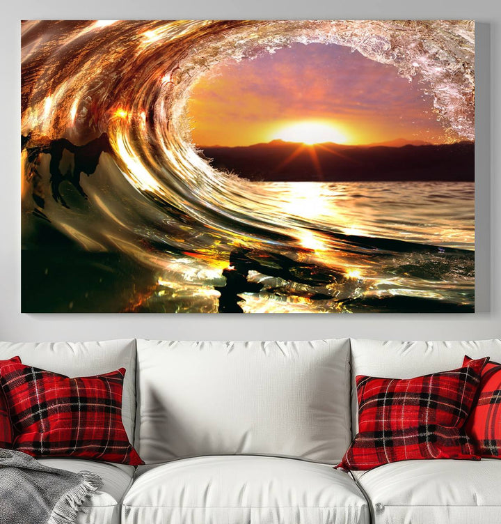 The Golden Wave Sunset Triptych Canvas Art showcases an ocean wave at sunset, casting warm light.