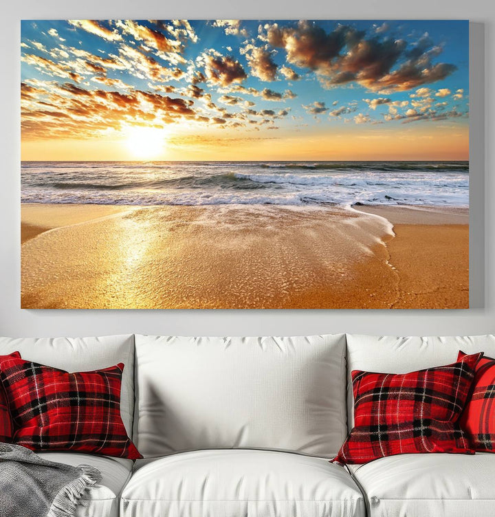 A Golden Sunset Beach giclee triptych canvas hangs prominently.