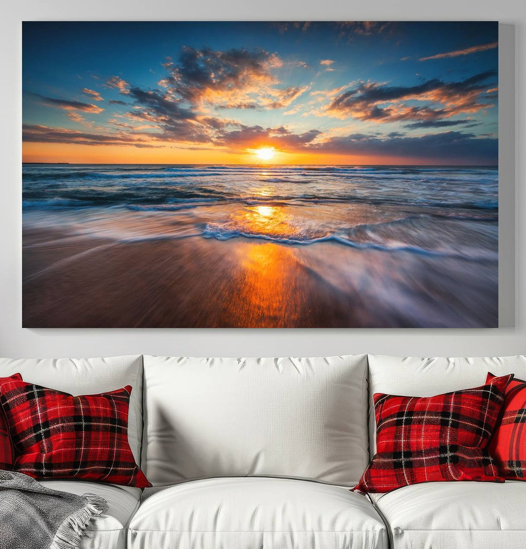 The Sunset on the Ocean canvas adds coastal ambiance to the wooden wall.